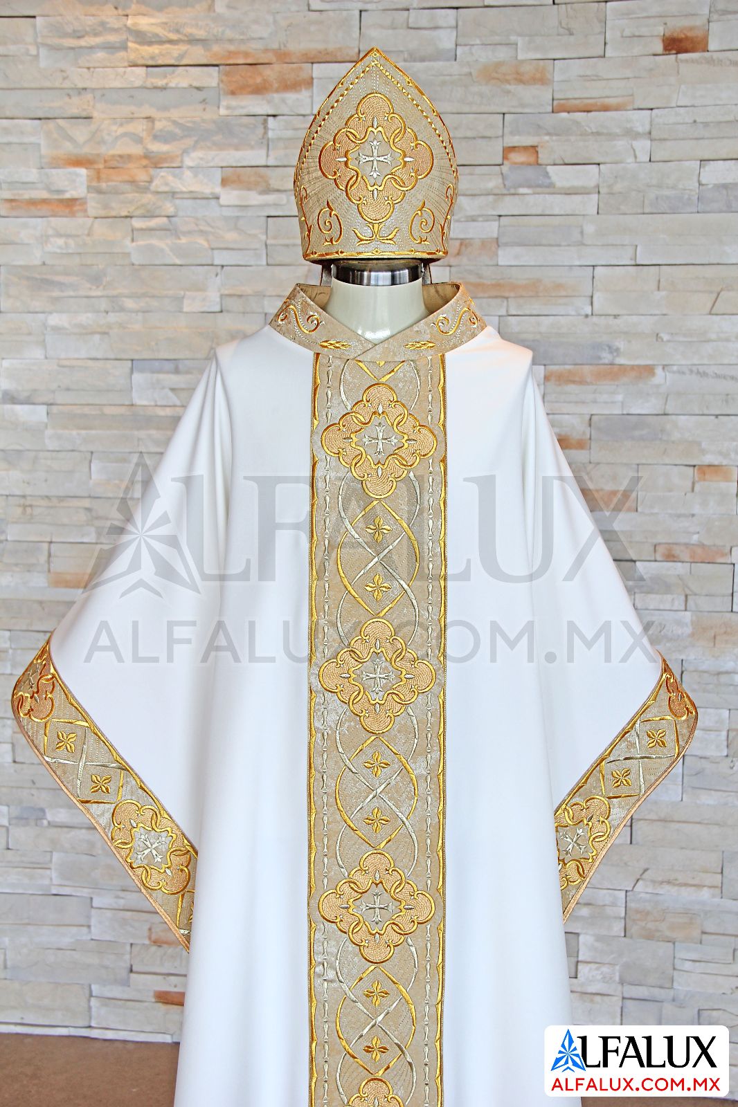 02 ROYAL Casulla y Mitra Alfalux Blanco Dorado Brocado Laterales 180 (2)